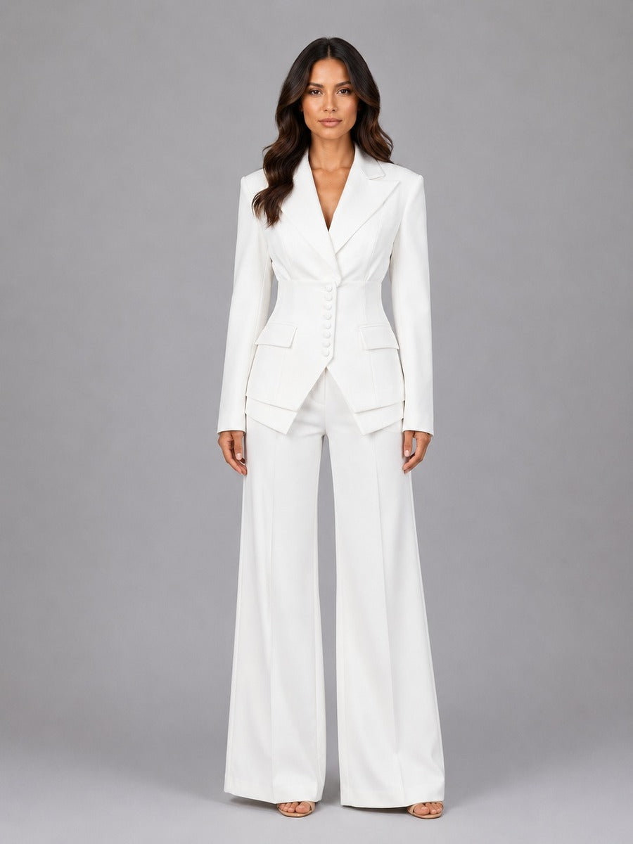 Two-Piece Suit with Nipped-Waist Blazer and Palazzo Trousers