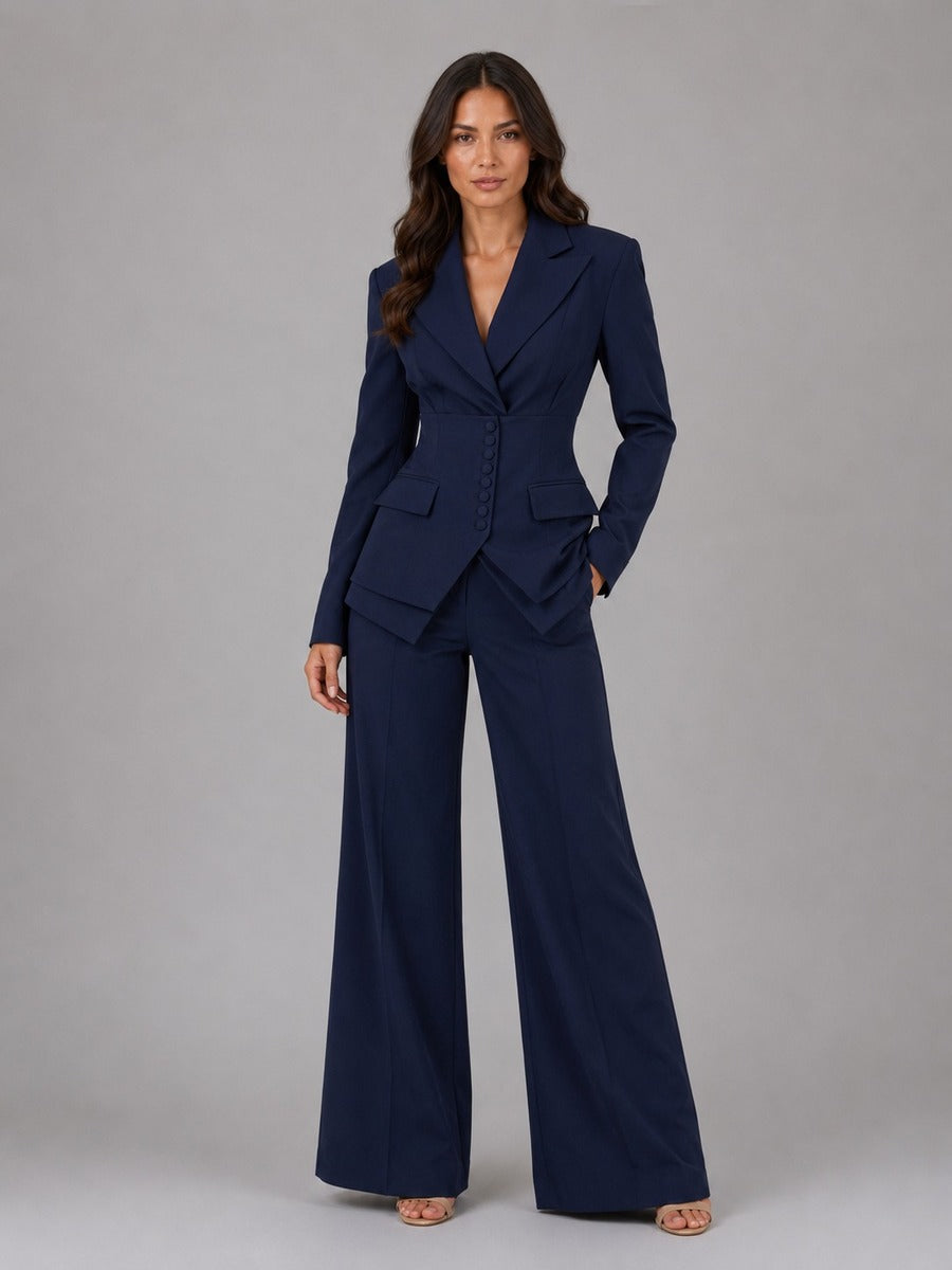 Two-Piece Suit with Nipped-Waist Blazer and Palazzo Trousers