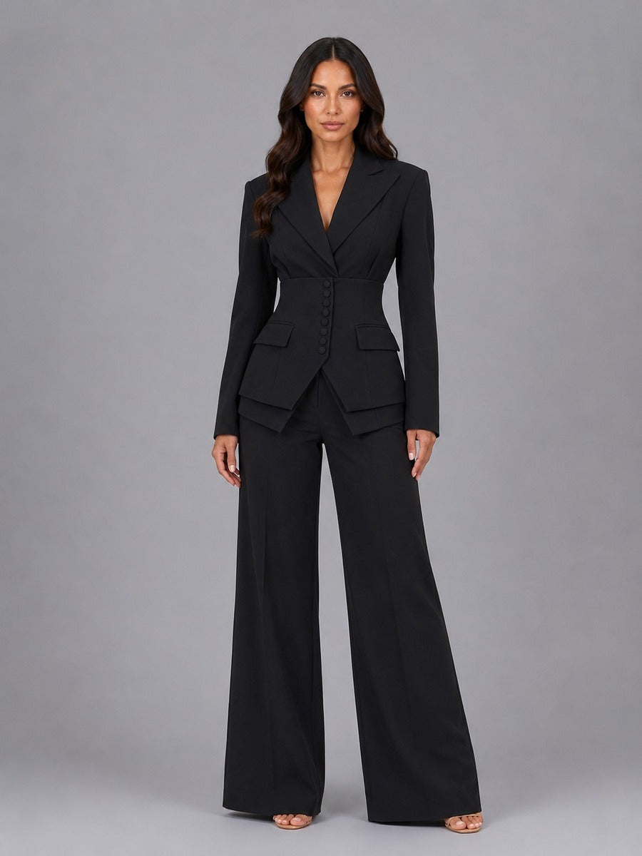 Two-Piece Suit with Nipped-Waist Blazer and Palazzo Trousers