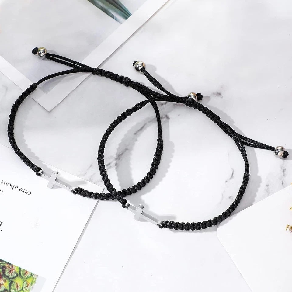 Cross Charm Braided Bracelet - Adjustable Black Cord with Silver-Tone Sideways Cross