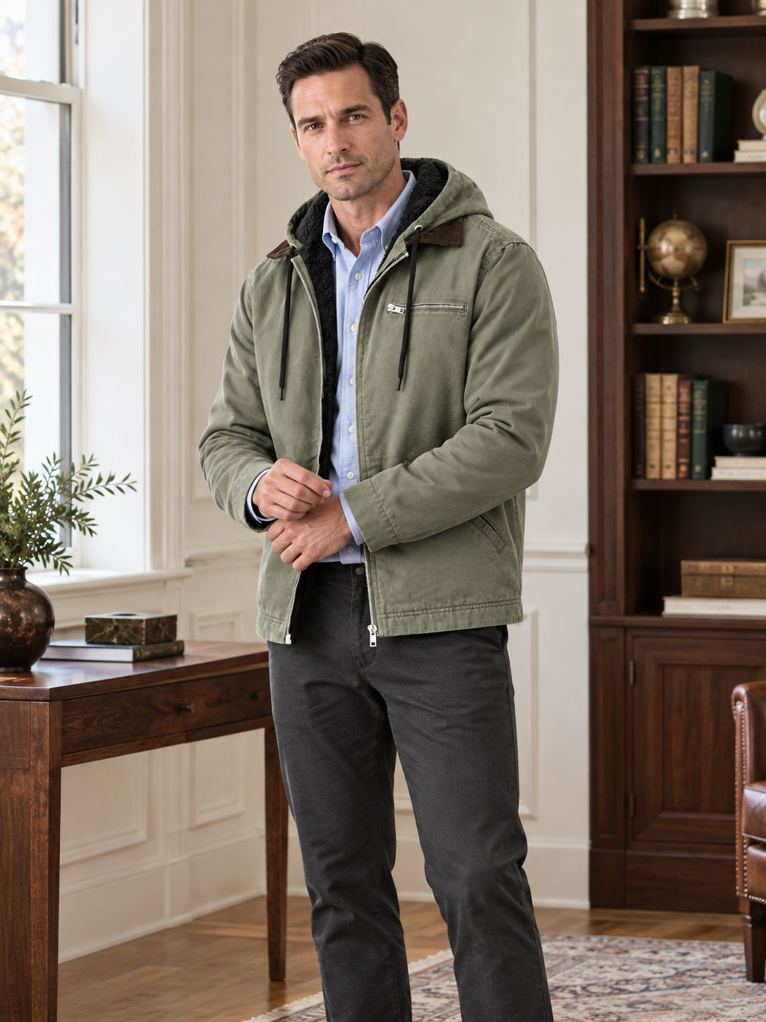 Vintage Thick Fleece-Lined Hooded Zip Jacket