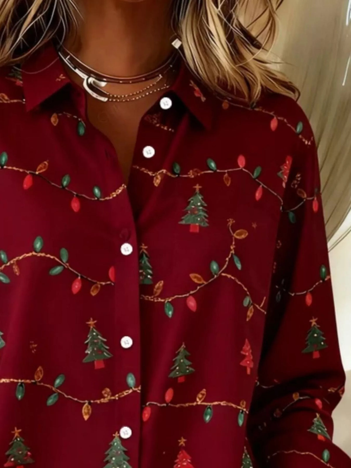 Christmas Tree Print Long Sleeve Button-Down Shirt Plus Size
