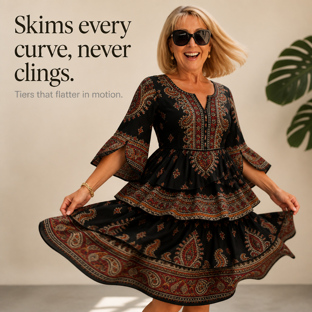 Tiered Paisley Print Split-Sleeve Midi Dress