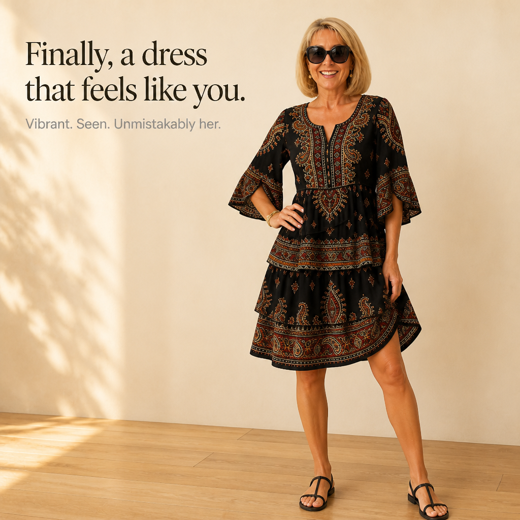 Tiered Paisley Print Split-Sleeve Midi Dress