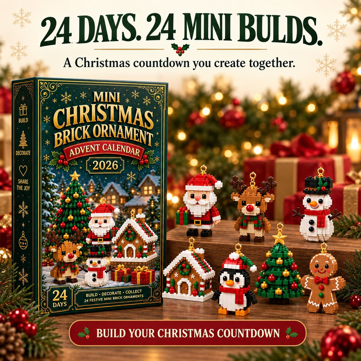 Christmas ornament advent calendar with 24 mini building sets for tree decoration