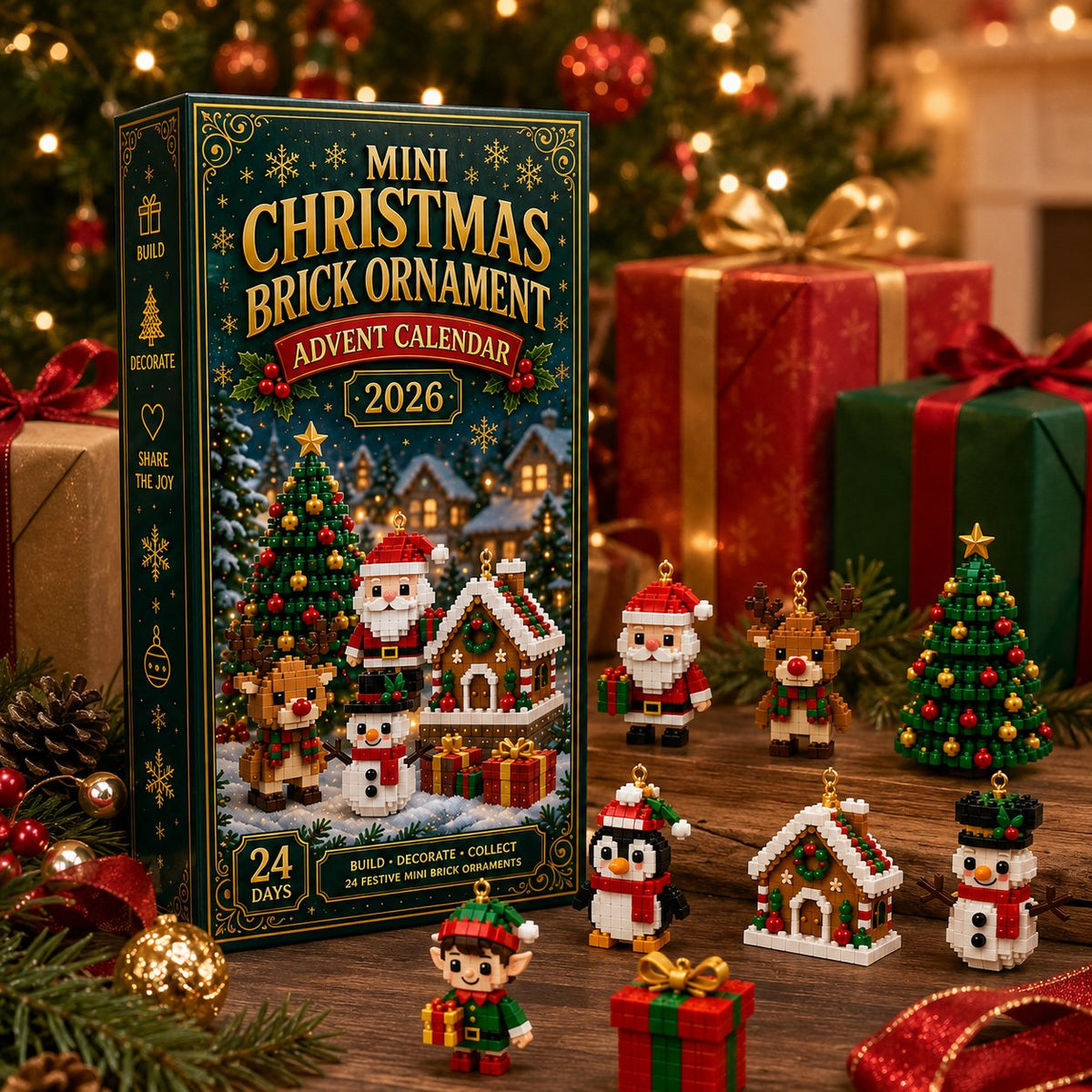 Christmas ornament advent calendar with 24 mini building sets for tree decoration