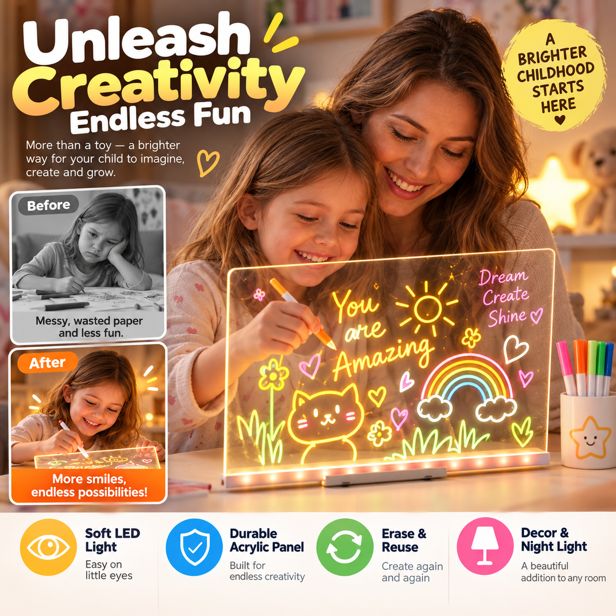 Illuminated Wipeable Drawing Board for Children
