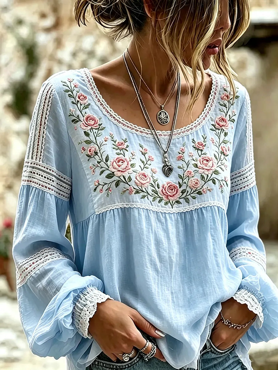 Boho Floral Embroidered Blouse