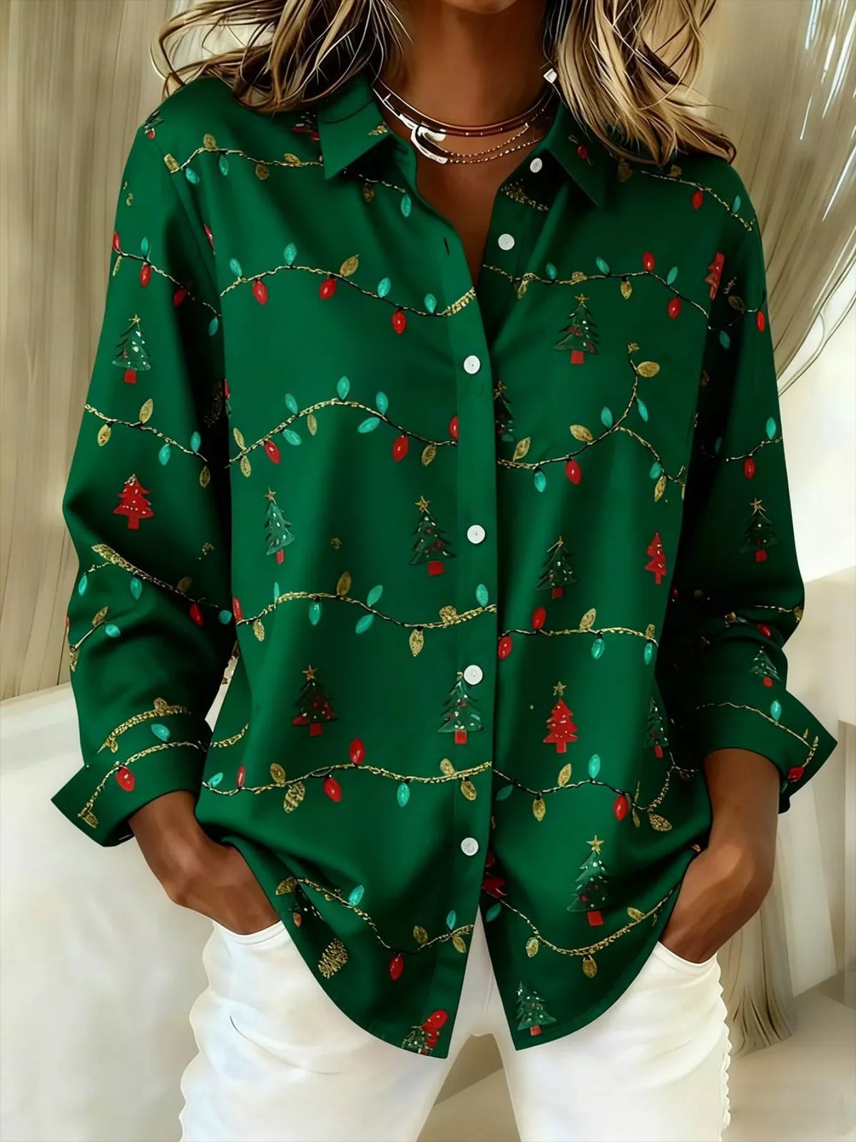 Christmas Tree Print Long Sleeve Button-Down Shirt Plus Size