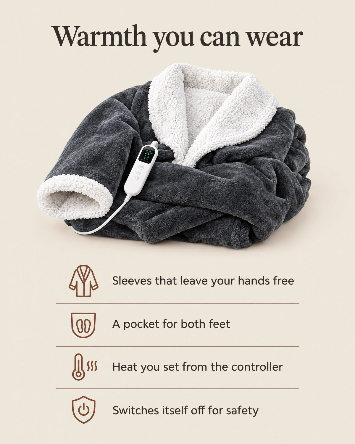 Portable Heated Blanket Robe with Sleeves and Foot Pocket