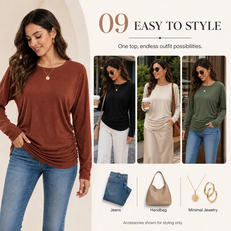 Womens Long Sleeve Shirts Ruched Hem Fall Tops Lightweight Sweaters