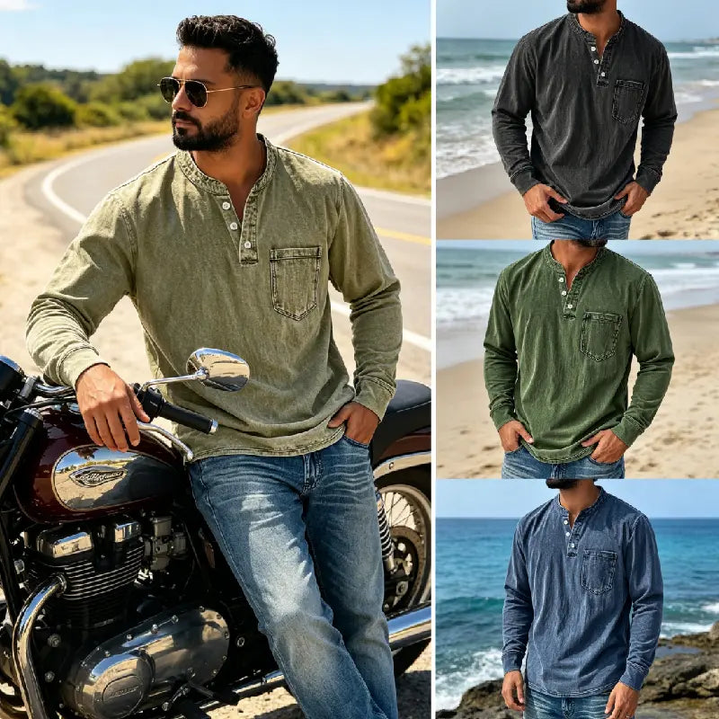 Men's Denim Shirt with Long Sleeves, V-Neck and Pocket