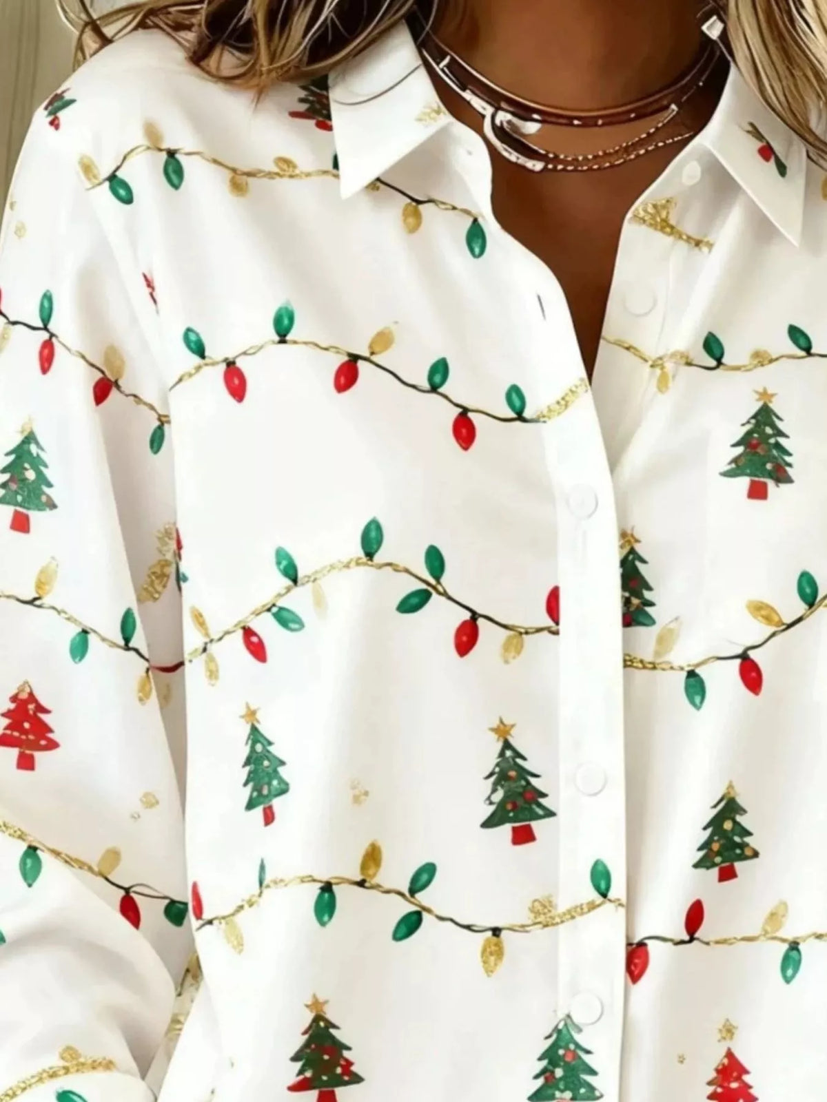 Christmas Tree Print Long Sleeve Button-Down Shirt Plus Size