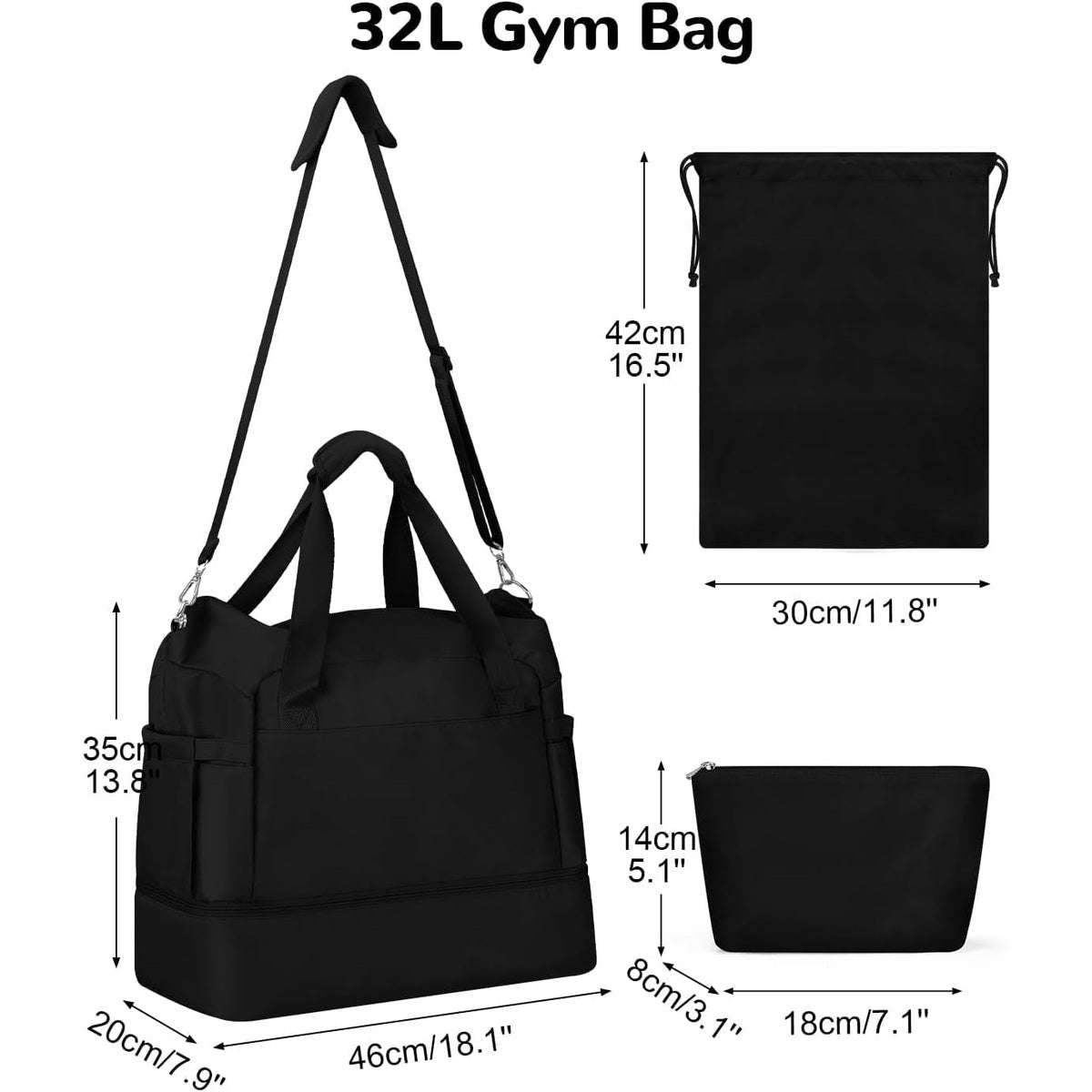 32L Gym and Weekender Duffel Bag Set with Shoe Compartment, 3 Piece