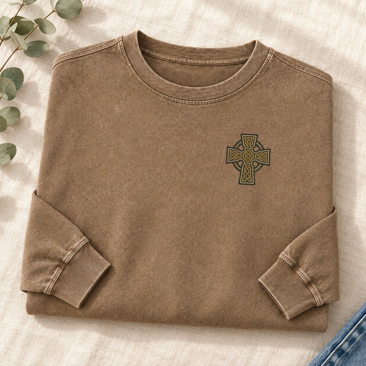 Celtic Cross Left Chest Washed Long Sleeve T-Shirt