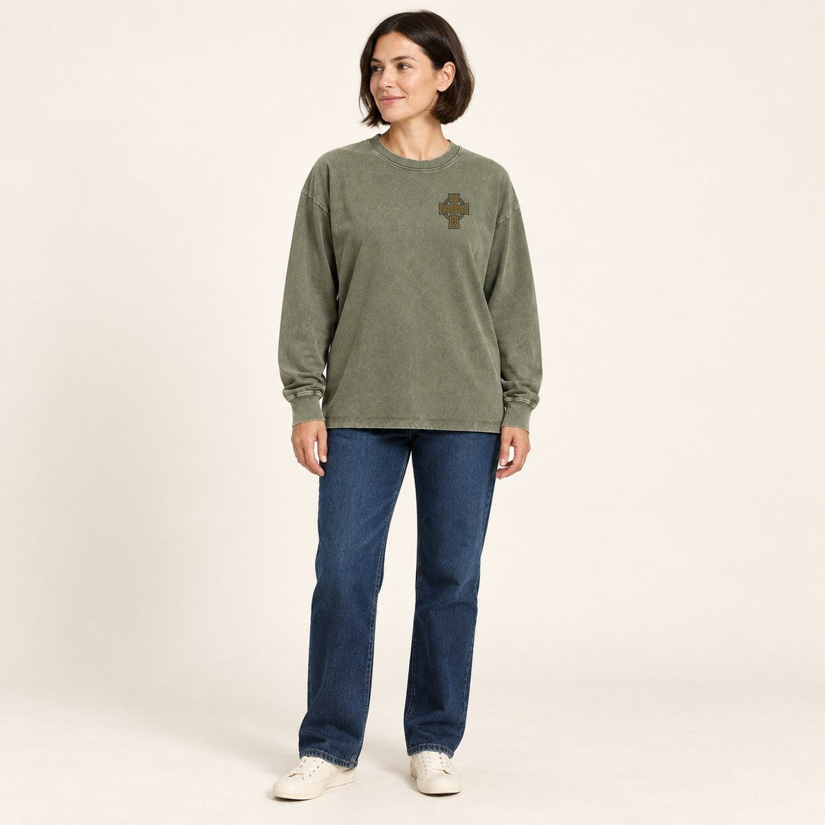 Celtic Cross Left Chest Washed Long Sleeve T-Shirt