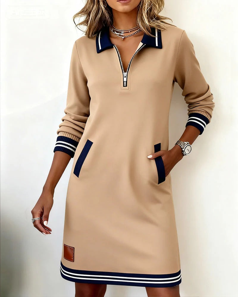 Elegant Polo Dress with Zippered Collar Relaxed Fit