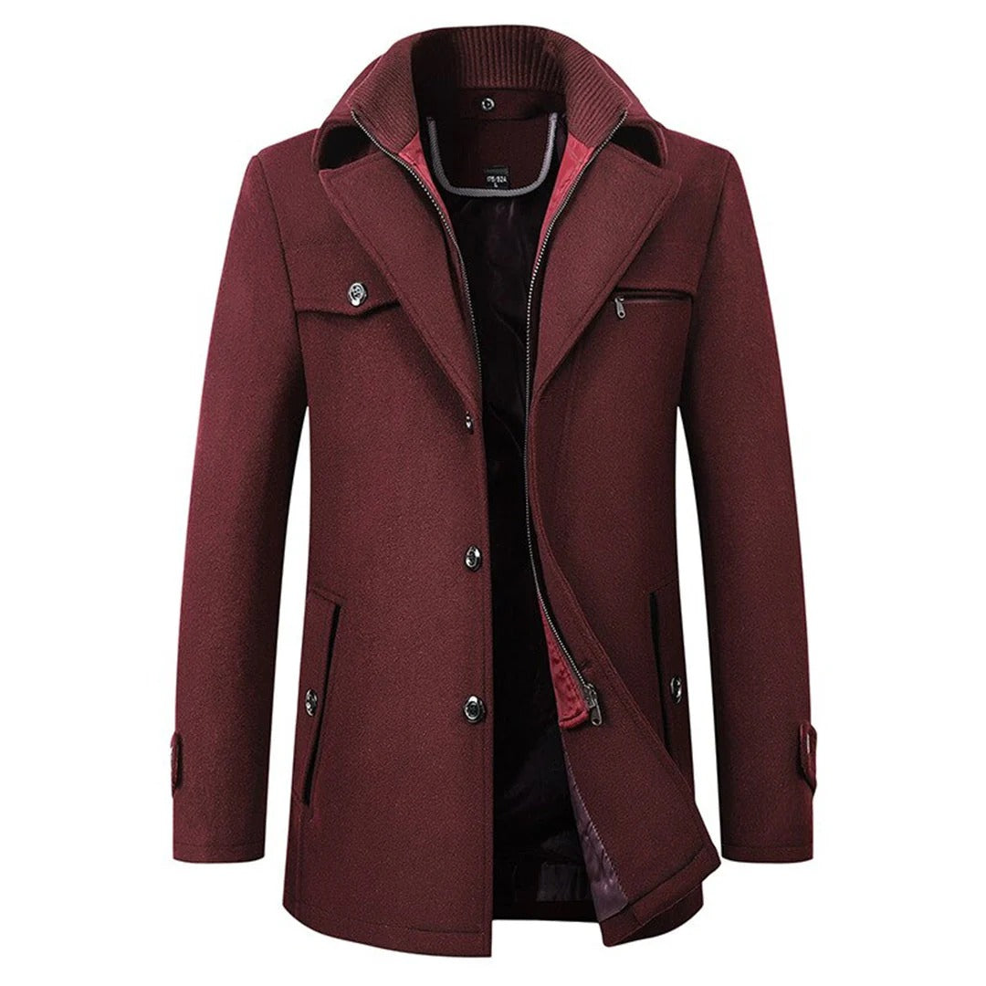 Men's Wool Winter Coat – Stand-Collar Button-Front Overcoat with Zip Closure and Utility Pockets for Cold-Weather Wear