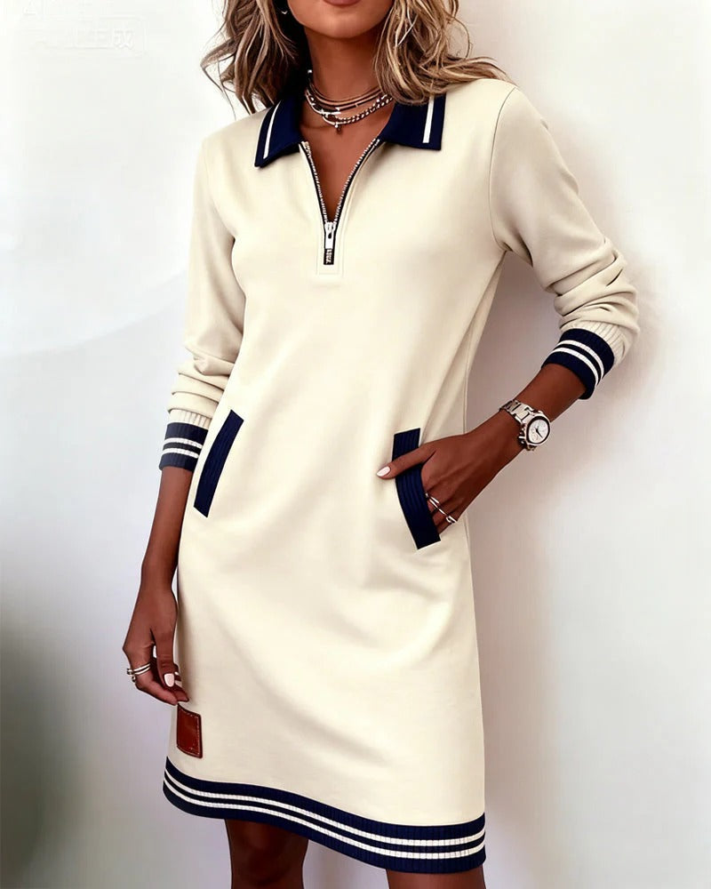 Elegant Polo Dress with Zippered Collar Relaxed Fit