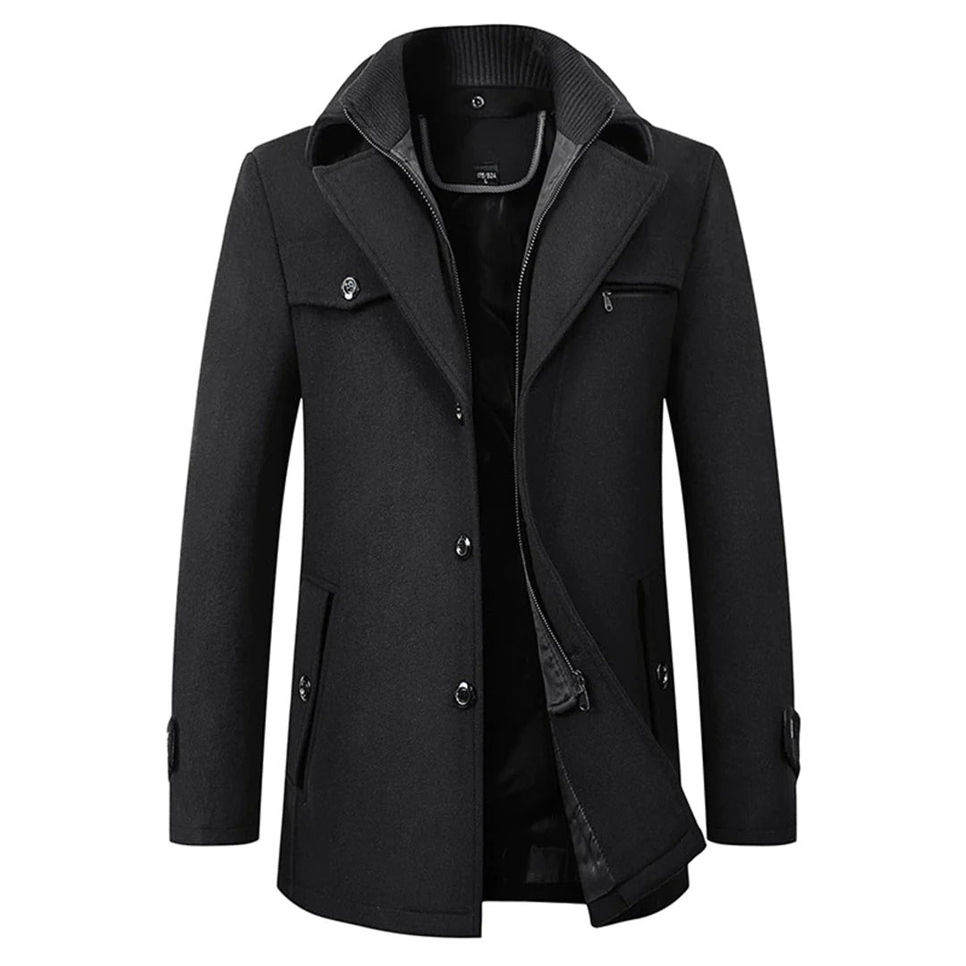 Men's Wool Winter Coat – Stand-Collar Button-Front Overcoat with Zip Closure and Utility Pockets for Cold-Weather Wear