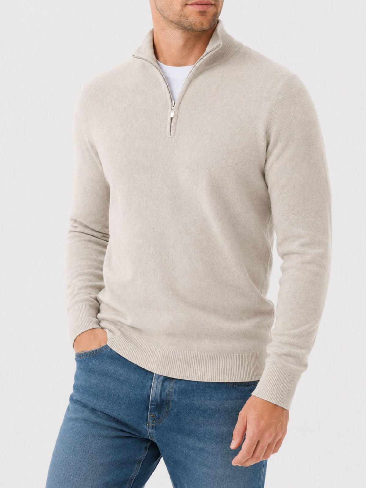 Men's Merino Wool Sweater with V-Neck and Zip Detail