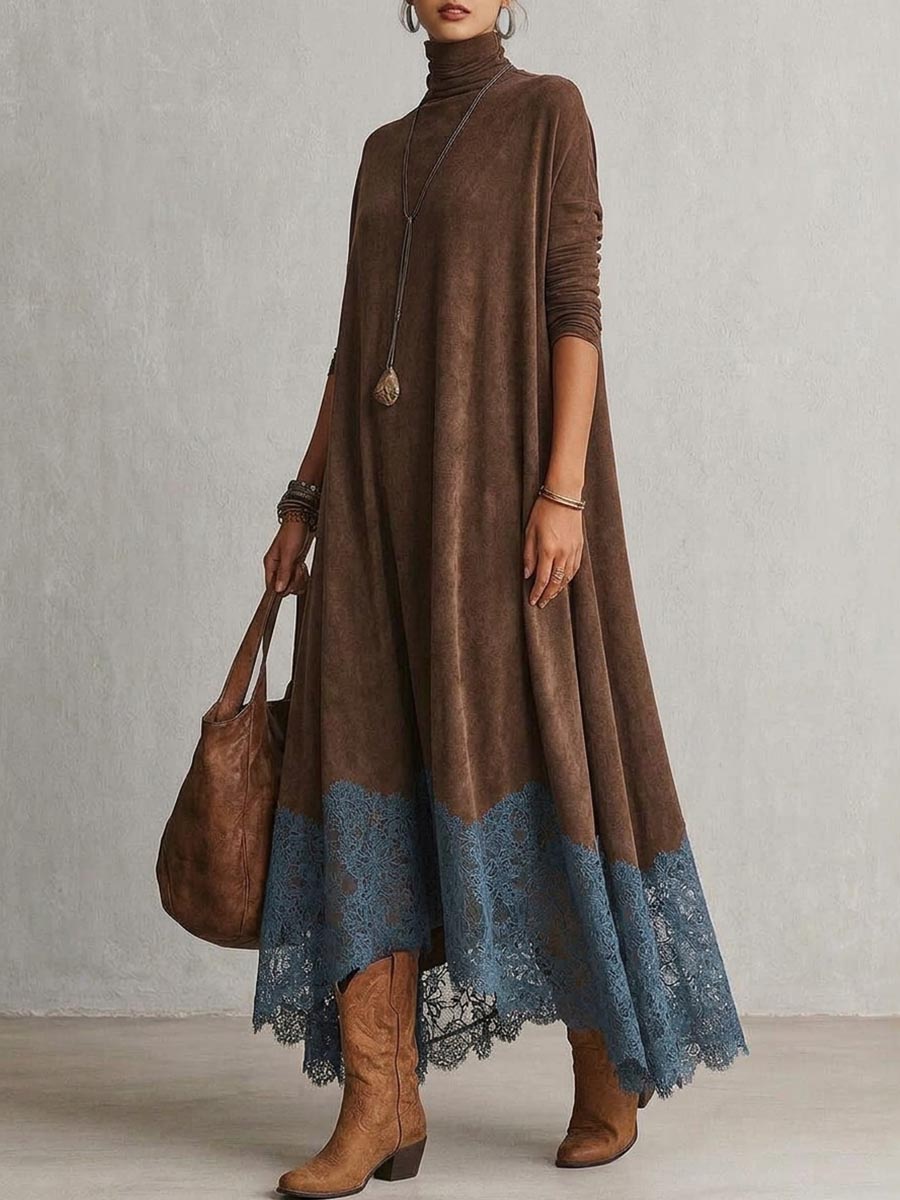 A-Line High-Neck Dress with Lace Panels and Long Sleeves