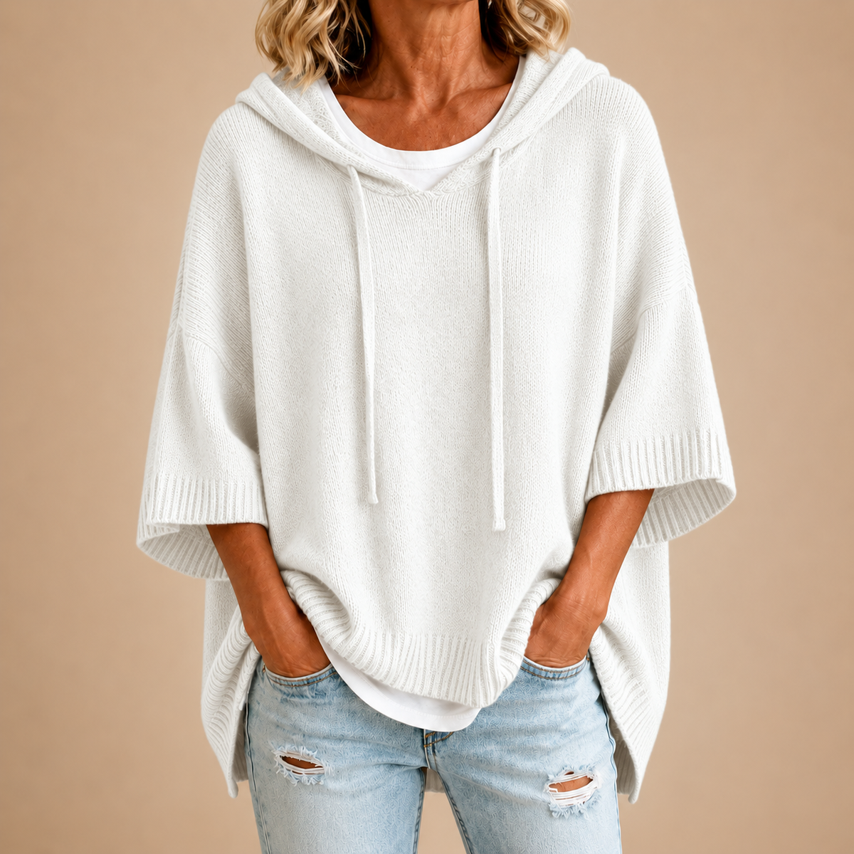 Hooded Knit Poncho with Three-Quarter Sleeves