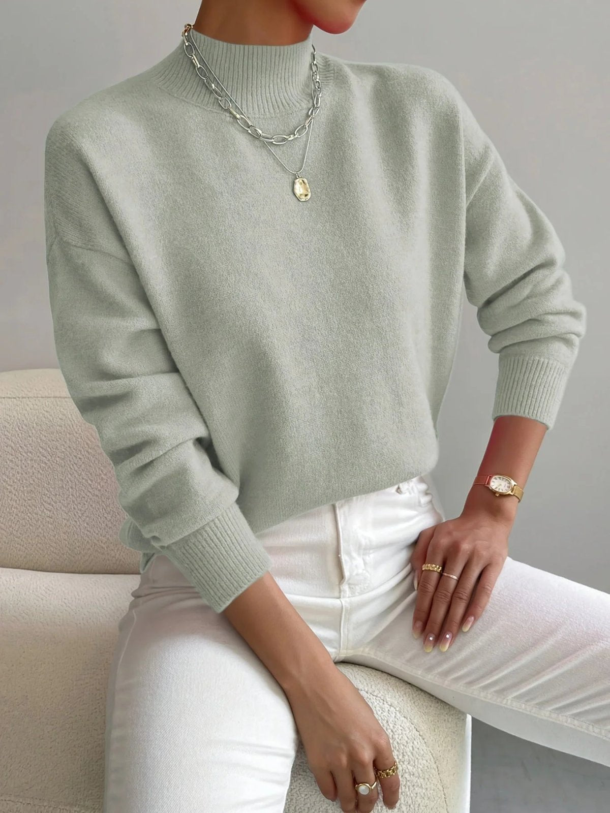 Sweater with High Neck and Ribbed Cuffs