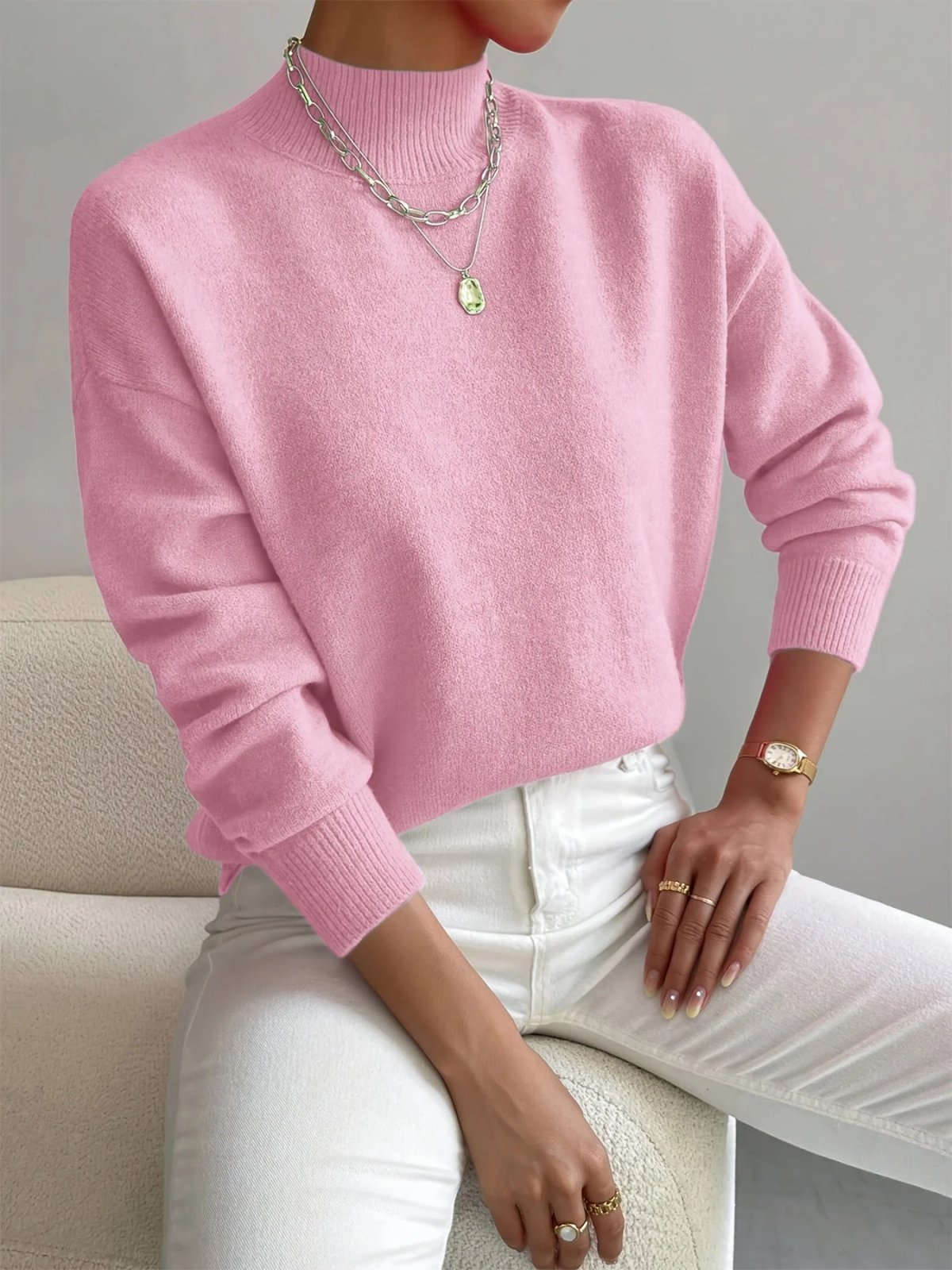 Sweater with High Neck and Ribbed Cuffs