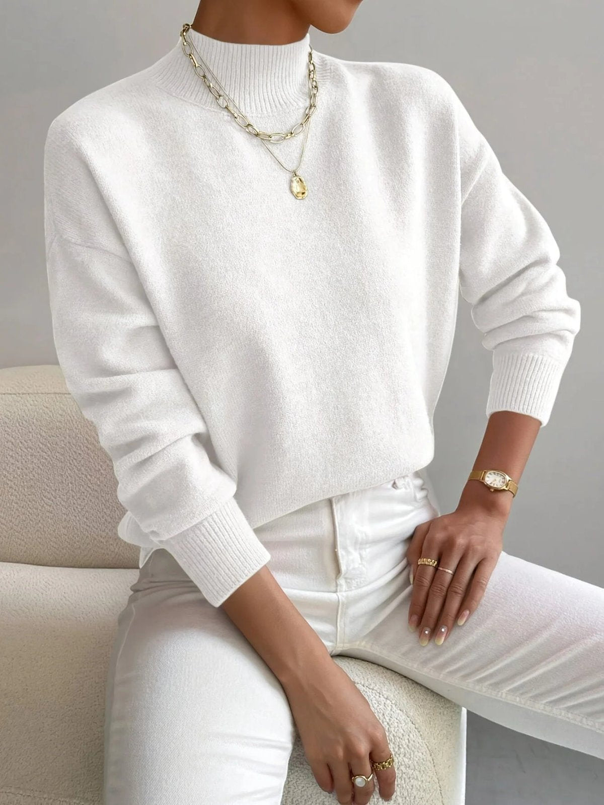 Sweater with High Neck and Ribbed Cuffs