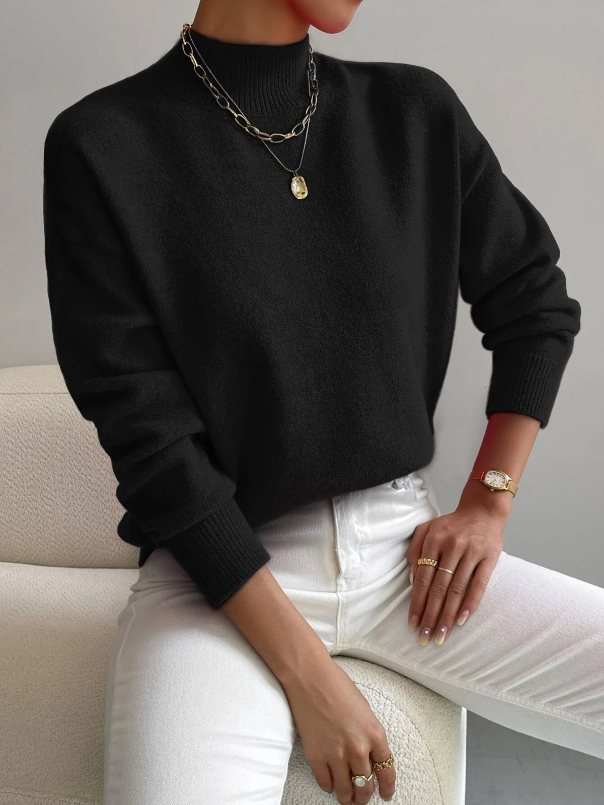 Sweater with High Neck and Ribbed Cuffs