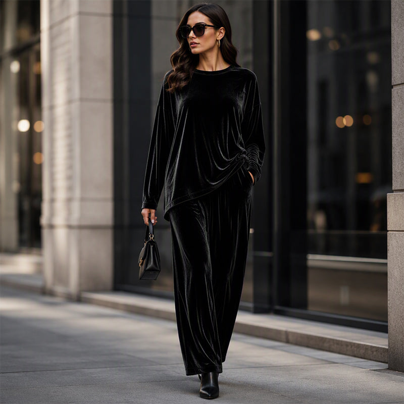Women's Velvet Set – Long Sleeve Top & Wide Leg Trousers
