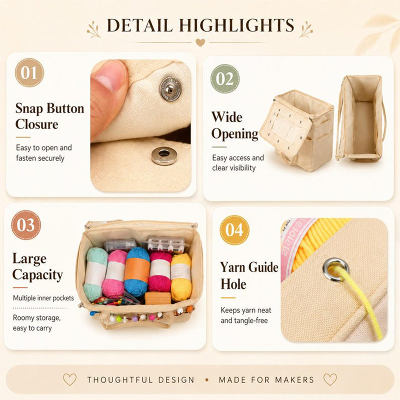 No More Tangled Yarn! Canvas Yarn Storage Bag with Needle Pockets