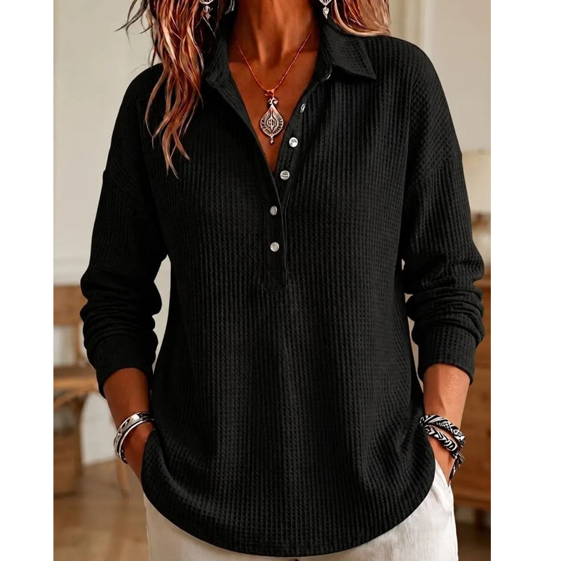 Women's Waffle-Knit Collared Relaxed Long-Sleeve Top