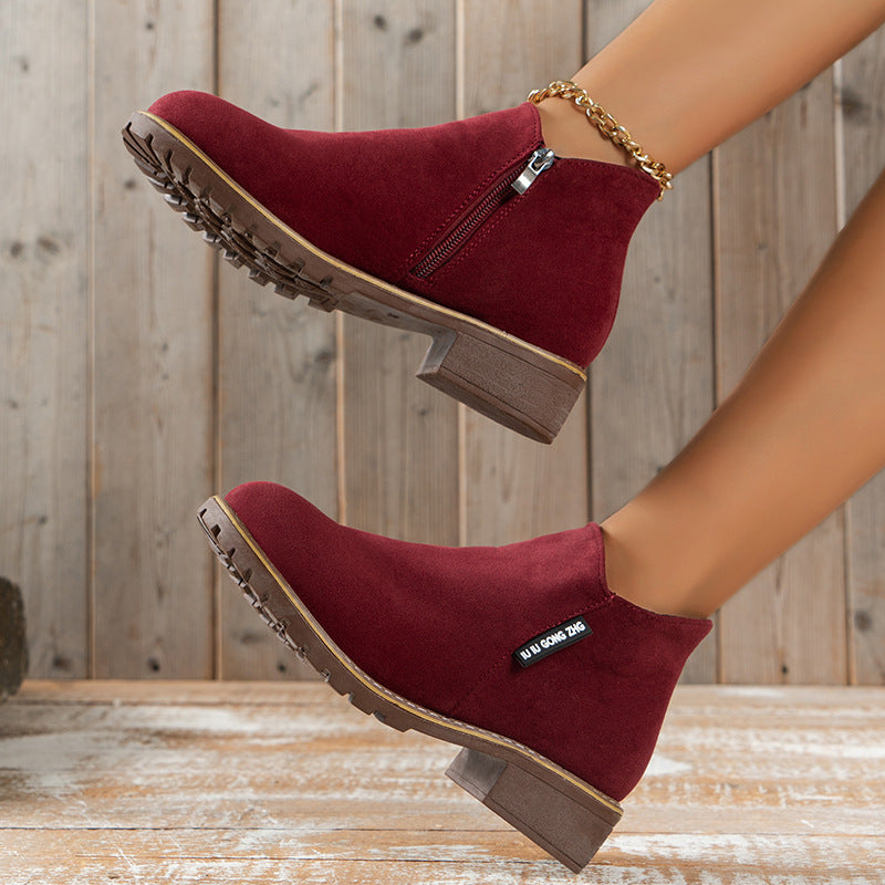 Women's Side Zipper Low Heel Ankle Boots