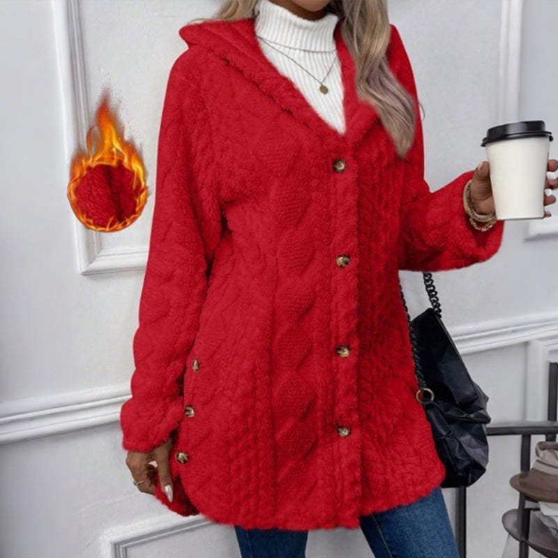 Women's Hooded Plush Fleece Button Jacket