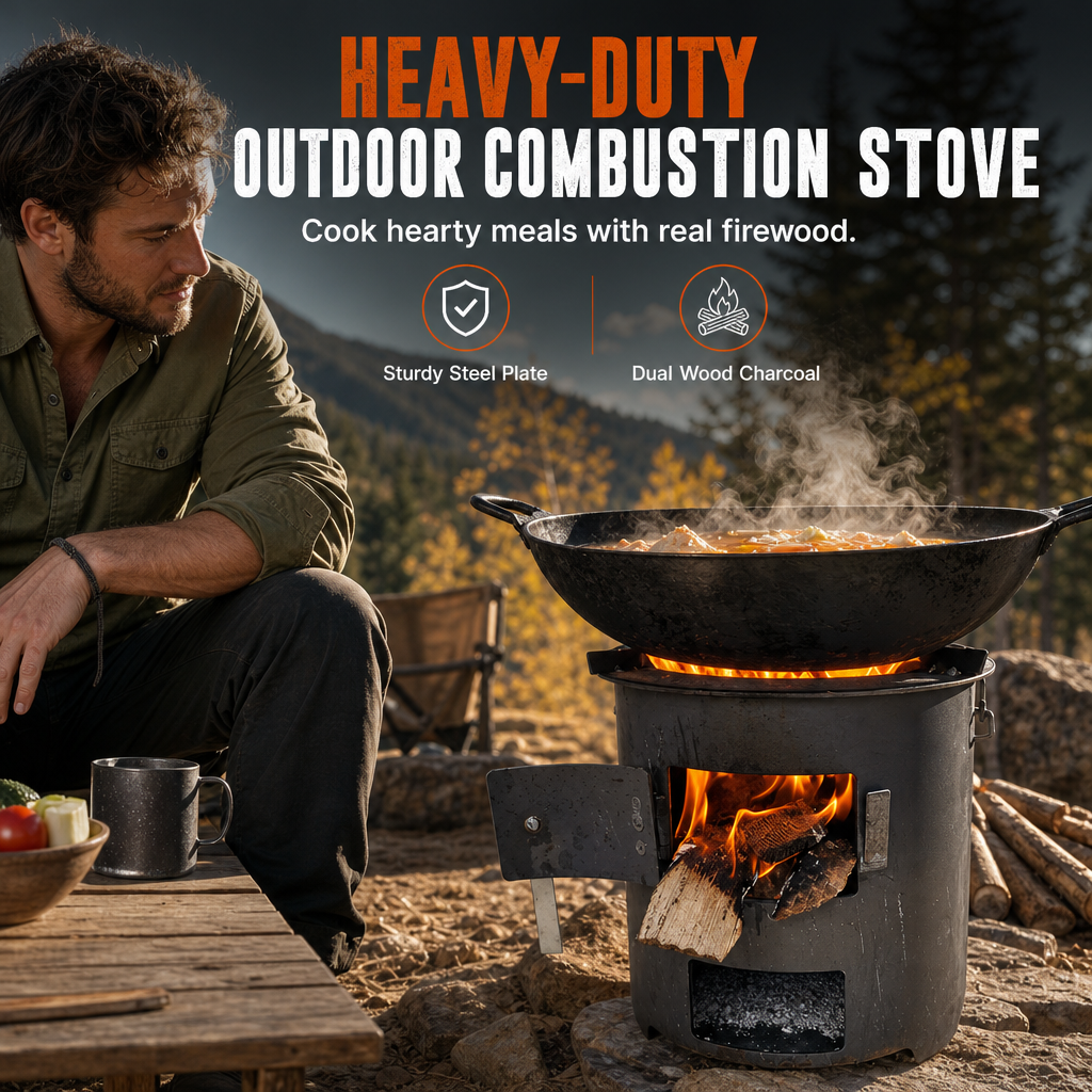 Heavy-Duty Portable Wood & Charcoal Camping Stove – High-Efficiency Bottom Draft Airflow for Smoke-Reduced Combustion, Thickened Anti-Warp Carbon Steel & Versatile 3-in-1 Boil Grill Simmer – Dual-Fuel