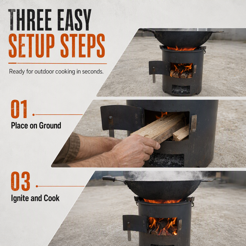 Heavy-Duty Portable Wood & Charcoal Camping Stove – High-Efficiency Bottom Draft Airflow for Smoke-Reduced Combustion, Thickened Anti-Warp Carbon Steel & Versatile 3-in-1 Boil Grill Simmer – Dual-Fuel