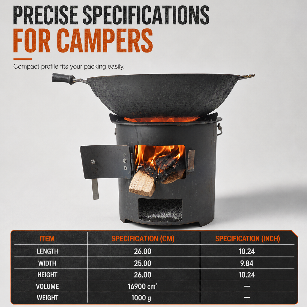 Heavy-Duty Portable Wood & Charcoal Camping Stove – High-Efficiency Bottom Draft Airflow for Smoke-Reduced Combustion, Thickened Anti-Warp Carbon Steel & Versatile 3-in-1 Boil Grill Simmer – Dual-Fuel