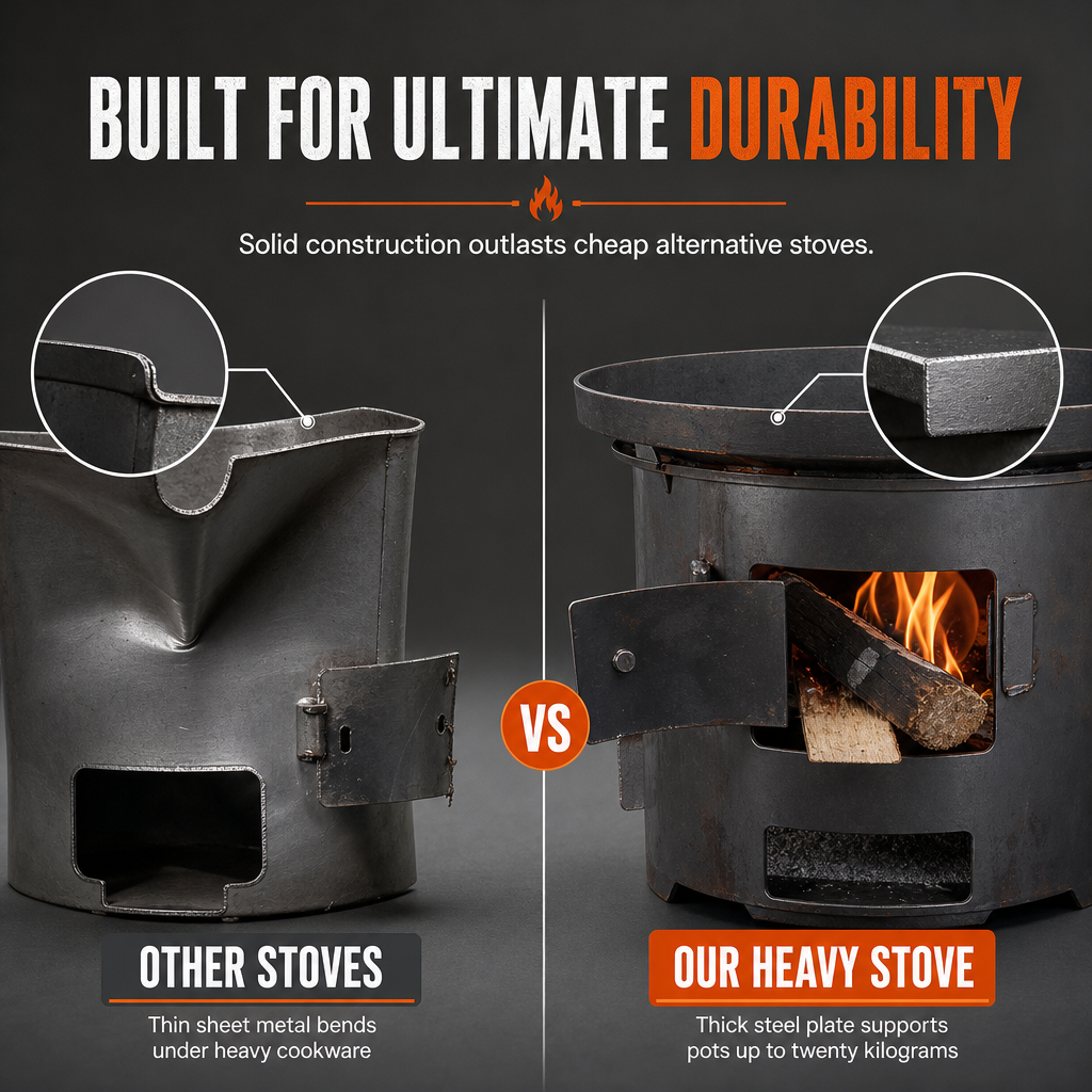 Heavy-Duty Portable Wood & Charcoal Camping Stove – High-Efficiency Bottom Draft Airflow for Smoke-Reduced Combustion, Thickened Anti-Warp Carbon Steel & Versatile 3-in-1 Boil Grill Simmer – Dual-Fuel