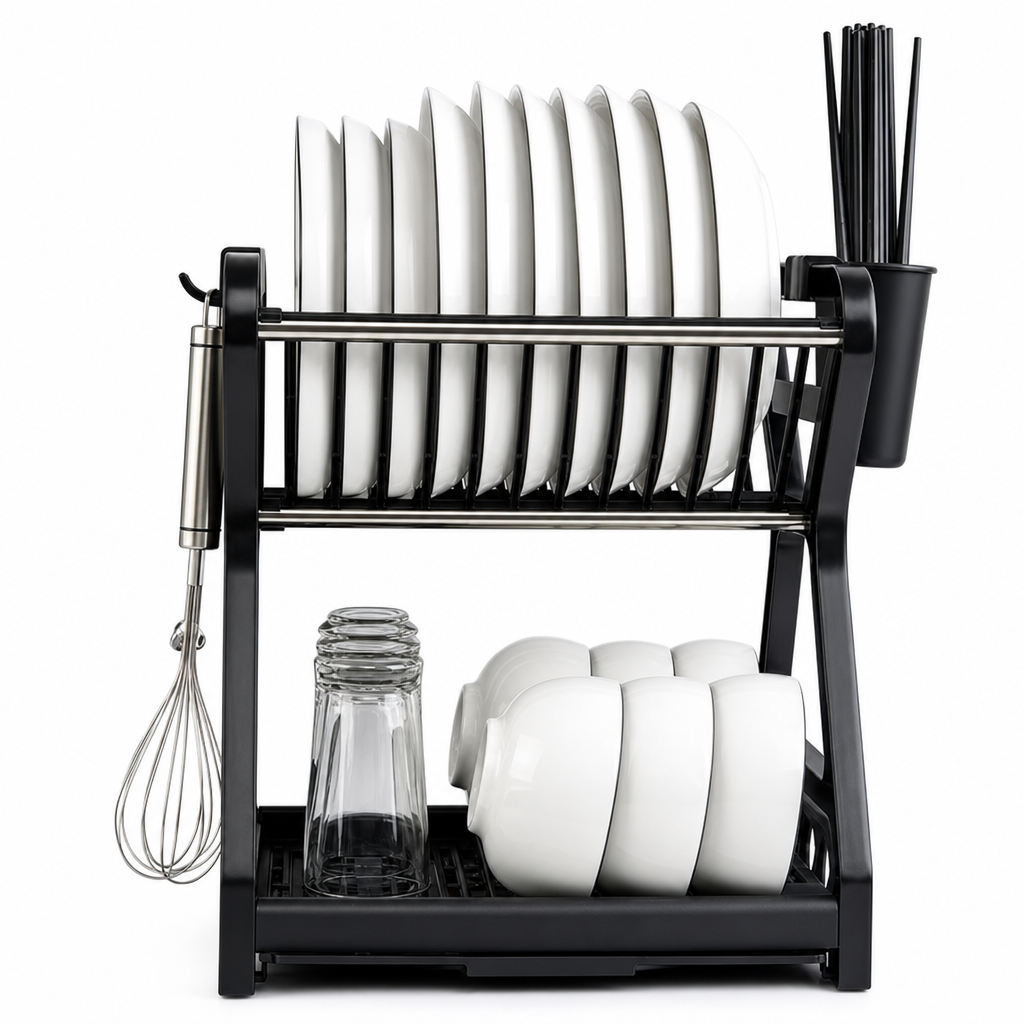 Multi-Layer Steel Dish Drying Rack – Vertical Storage, Drip Tray, Tool-Free Install