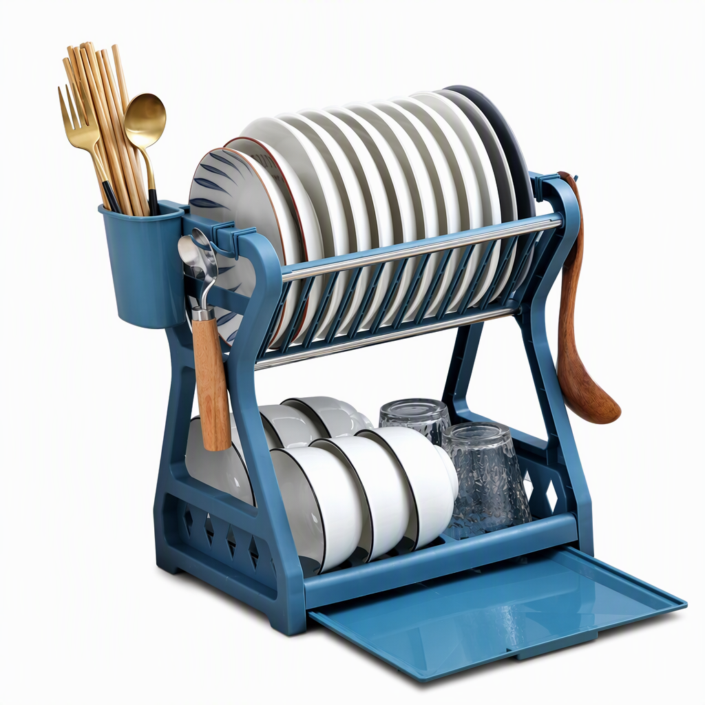Multi-Layer Steel Dish Drying Rack – Vertical Storage, Drip Tray, Tool-Free Install