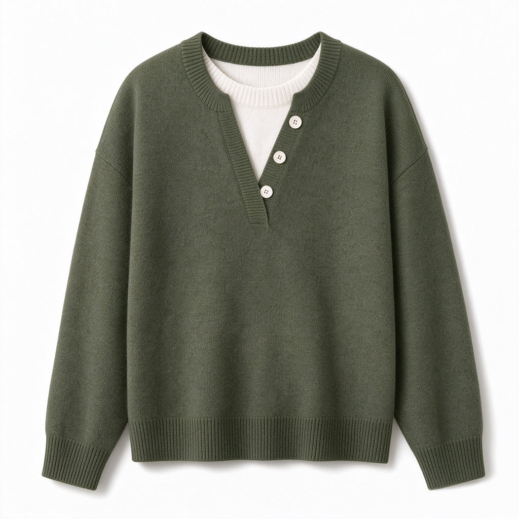 Mock Two-Piece V-Neck Knitted Sweater with Button Details