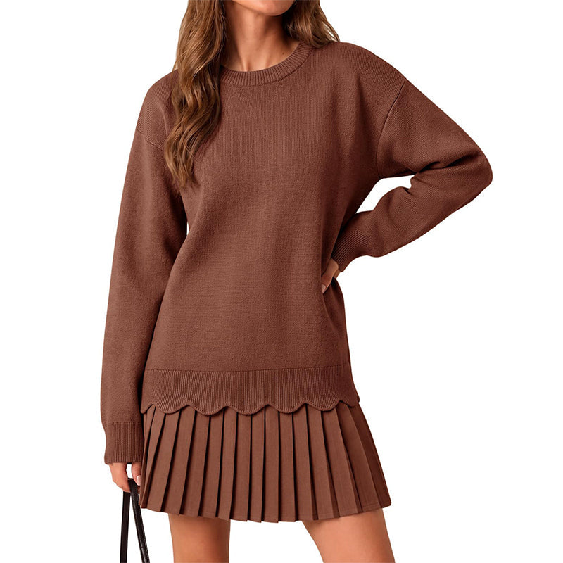 Women's Two-Piece Set with Scalloped Edge Sweater and Pleated Skirt
