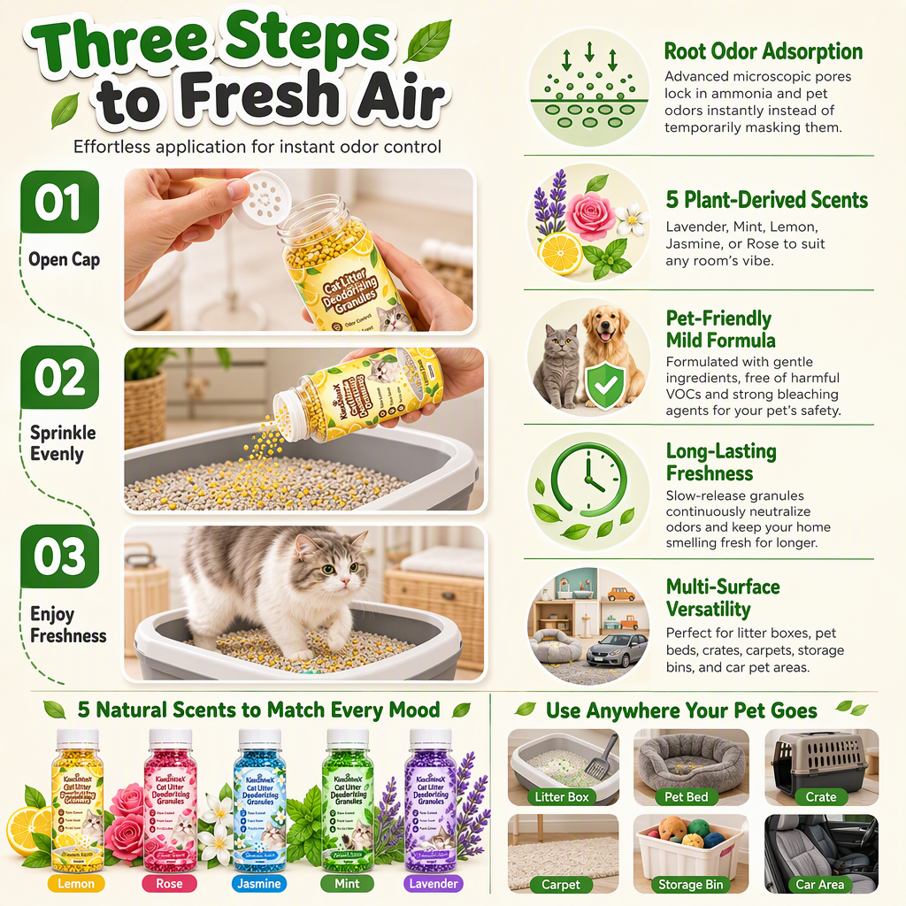 Cat Litter Deodorizing Granules – Easy Sprinkle-On Odor Control in Five Fresh Scents