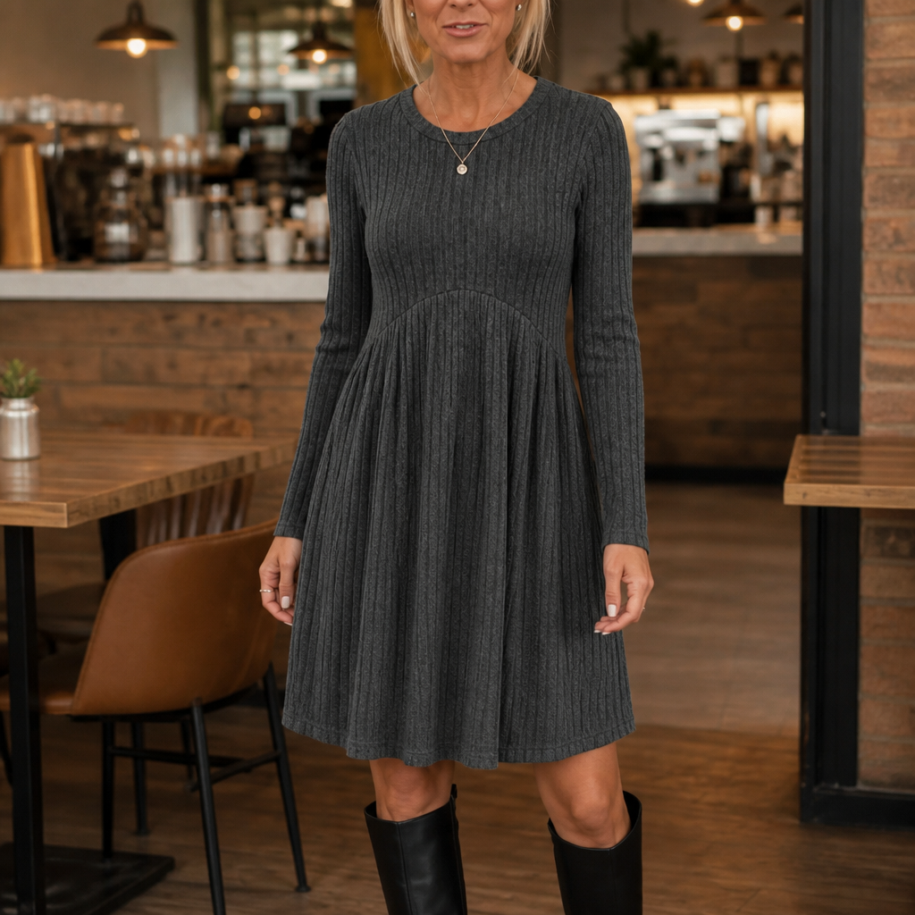 High-Waist Ribbed Knit A-Line Midi Dress