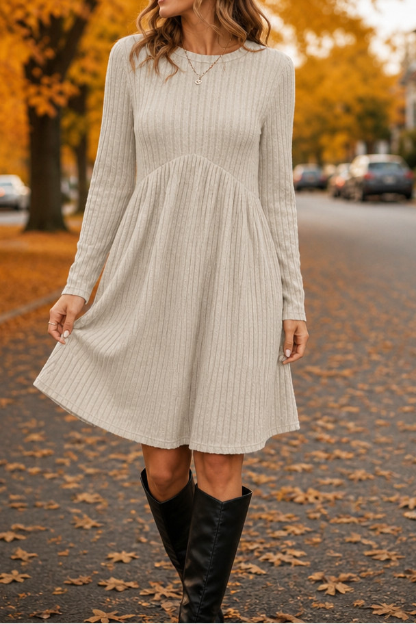High-Waist Ribbed Knit A-Line Midi Dress