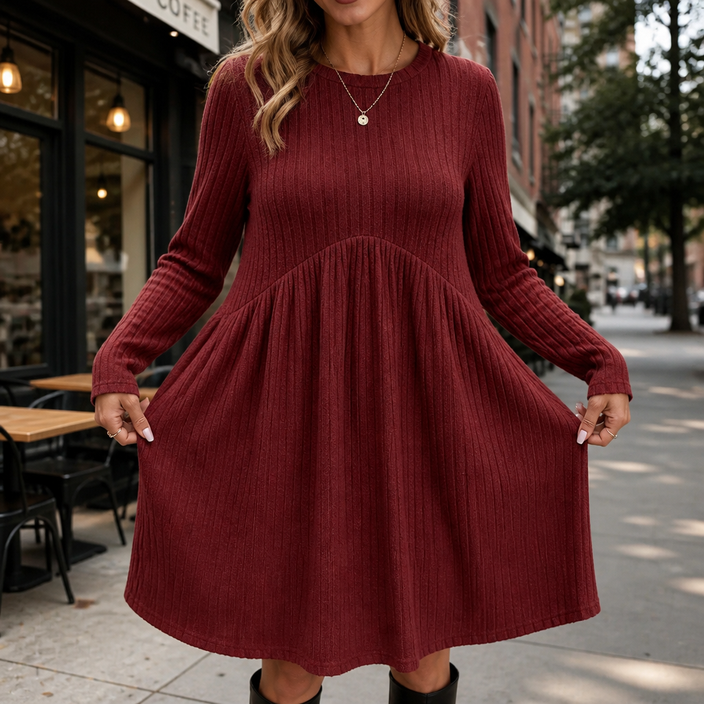 High-Waist Ribbed Knit A-Line Midi Dress