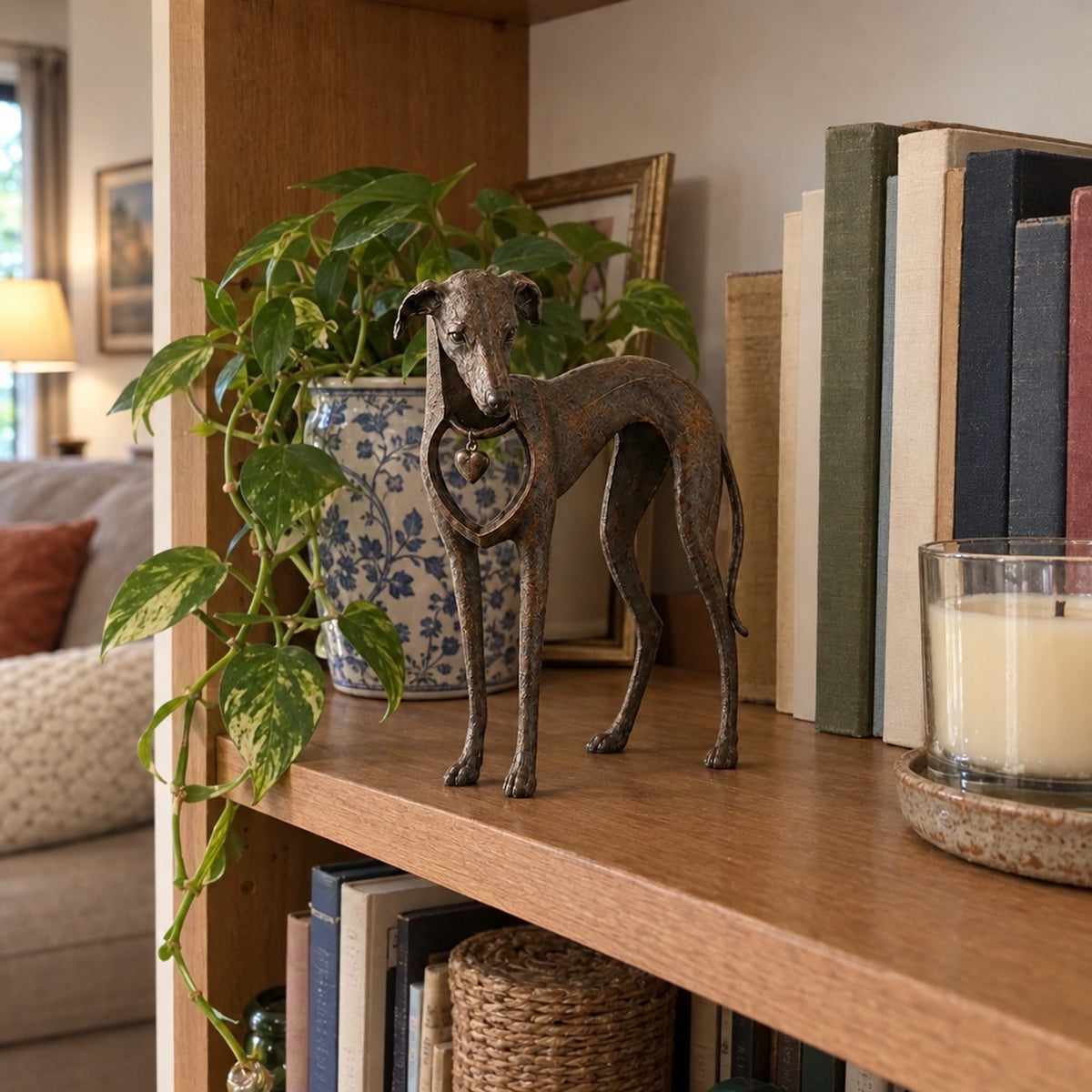 Greyhound Sculpture in Antique Brown Resin with Heart Charm – 22 cm