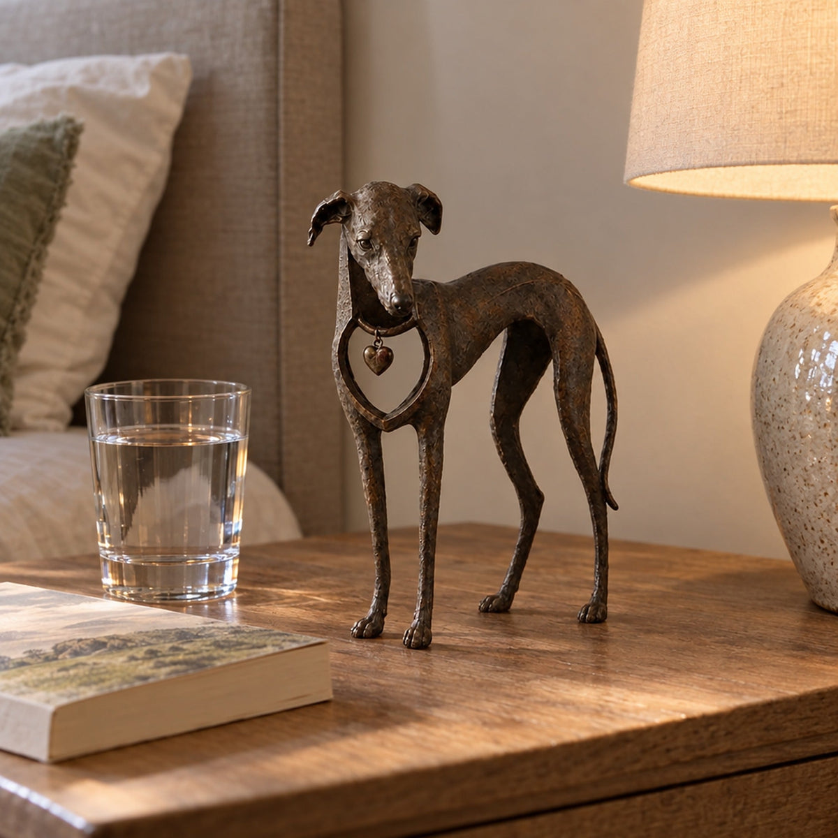 Greyhound Sculpture in Antique Brown Resin with Heart Charm – 22 cm